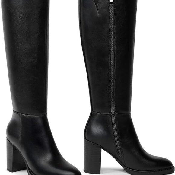 Shoes - Black Square-Toe Chunk Heel Knee High Boots